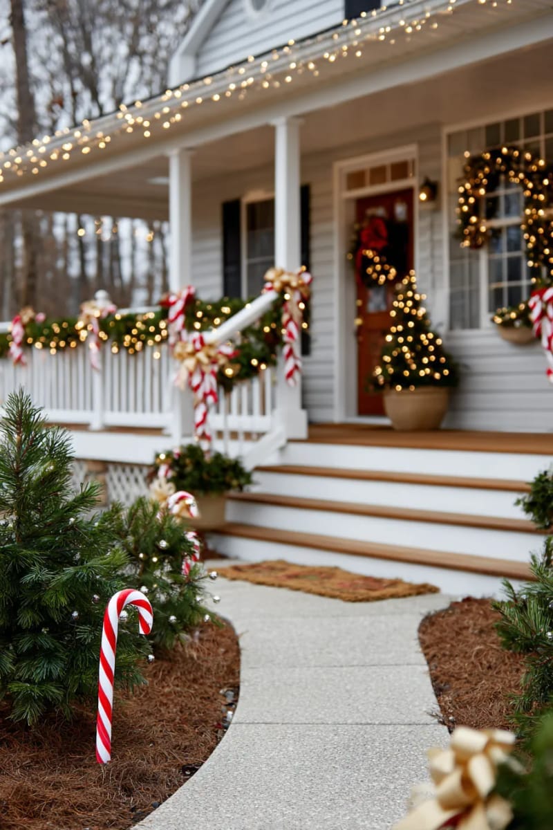 candy cane pathway lights leading to porch with gold bows 1