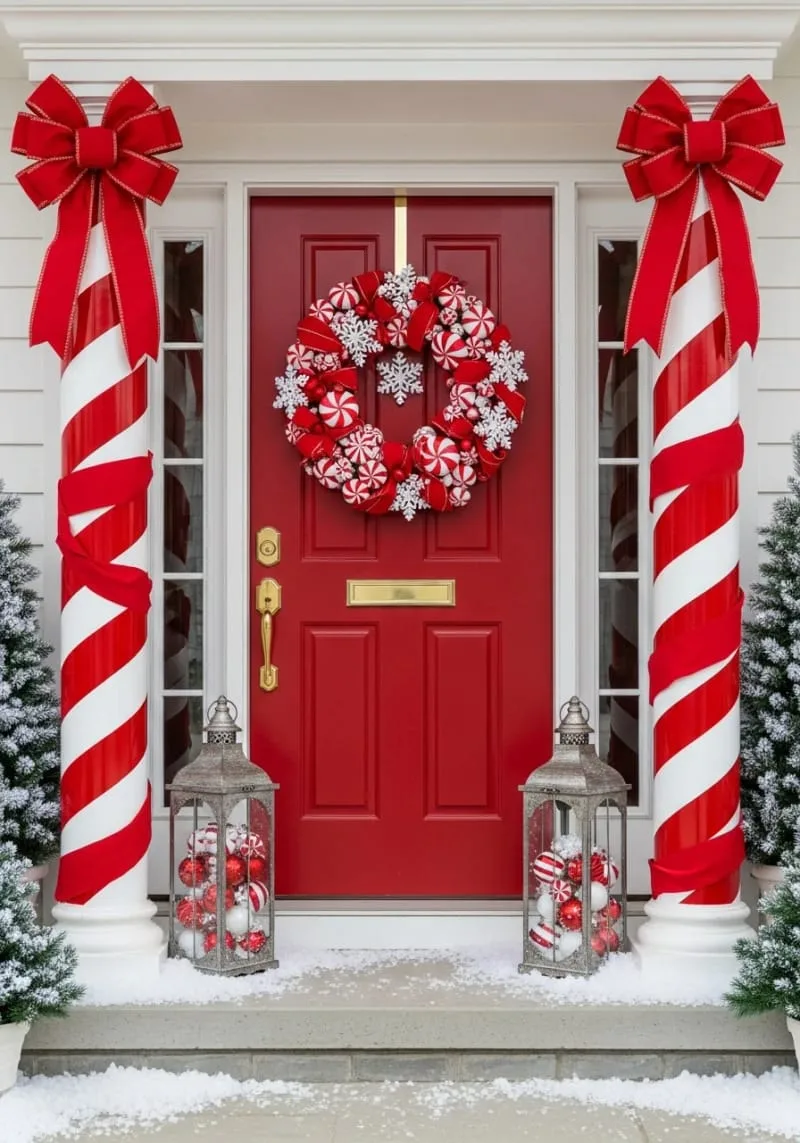 candy cane striped columns and a peppermint wreath for a whimsical entry 1