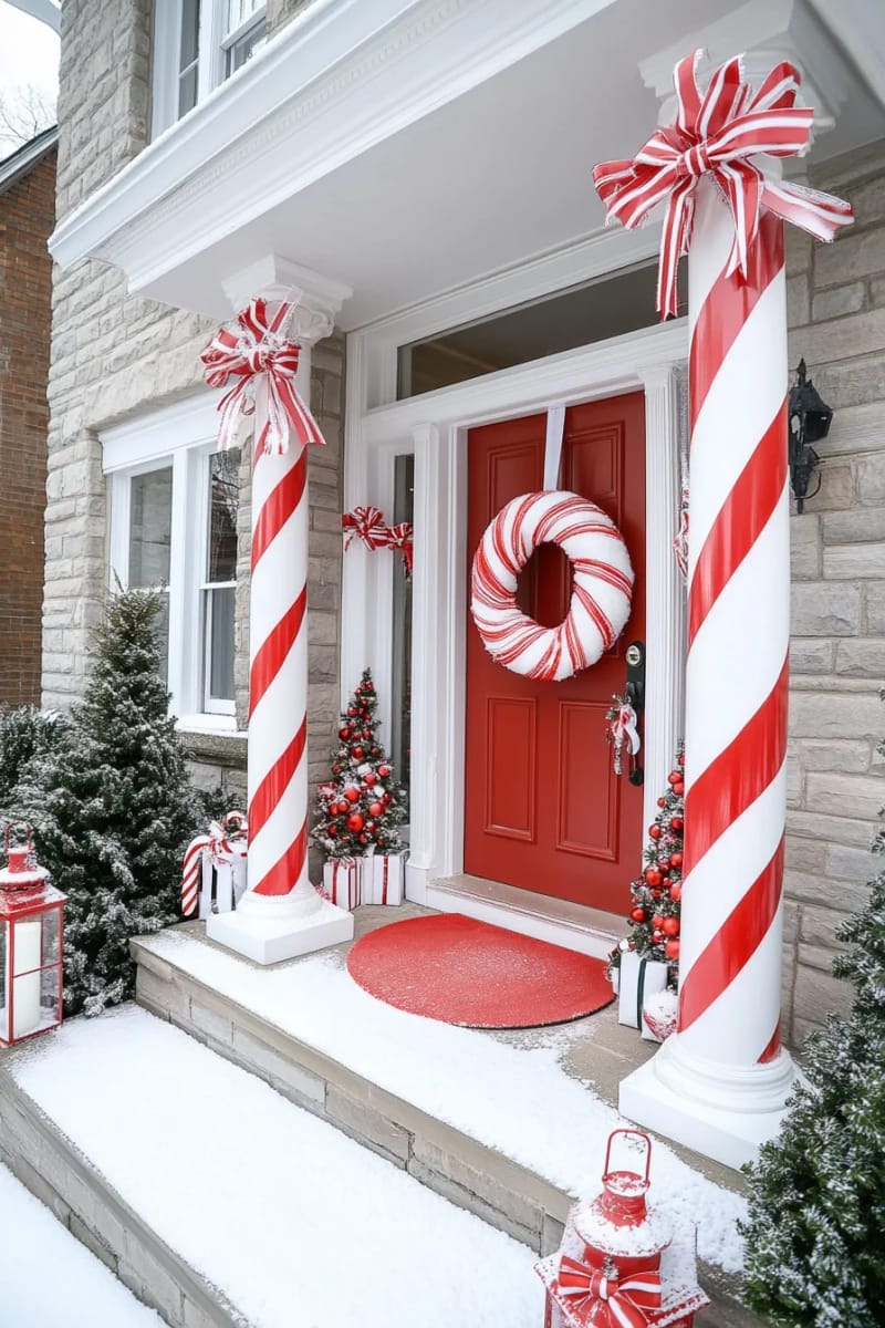 29 Festive Christmas Door Decor Ideas for a Magical Entry 7 candy cane striped columns and a peppermint wreath for a whimsical entry 1