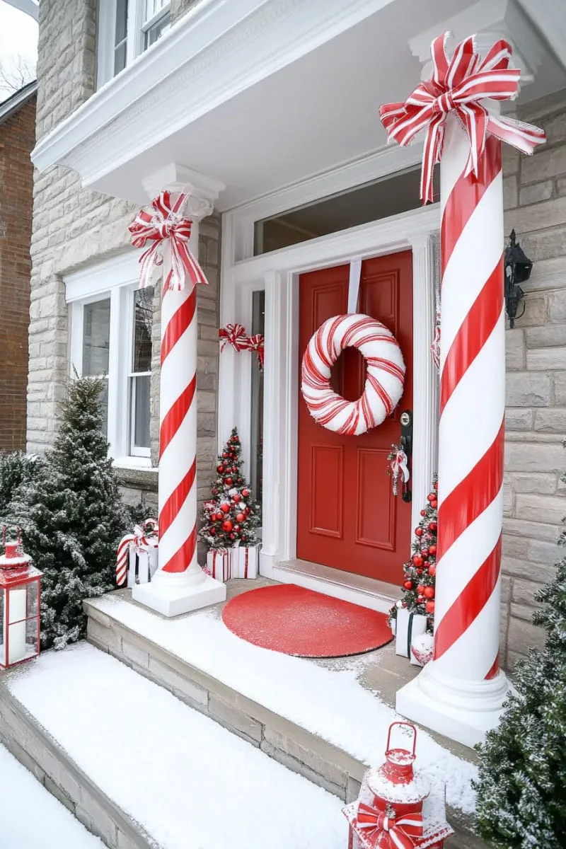 candy cane striped columns and a peppermint wreath for a whimsical entry 1
