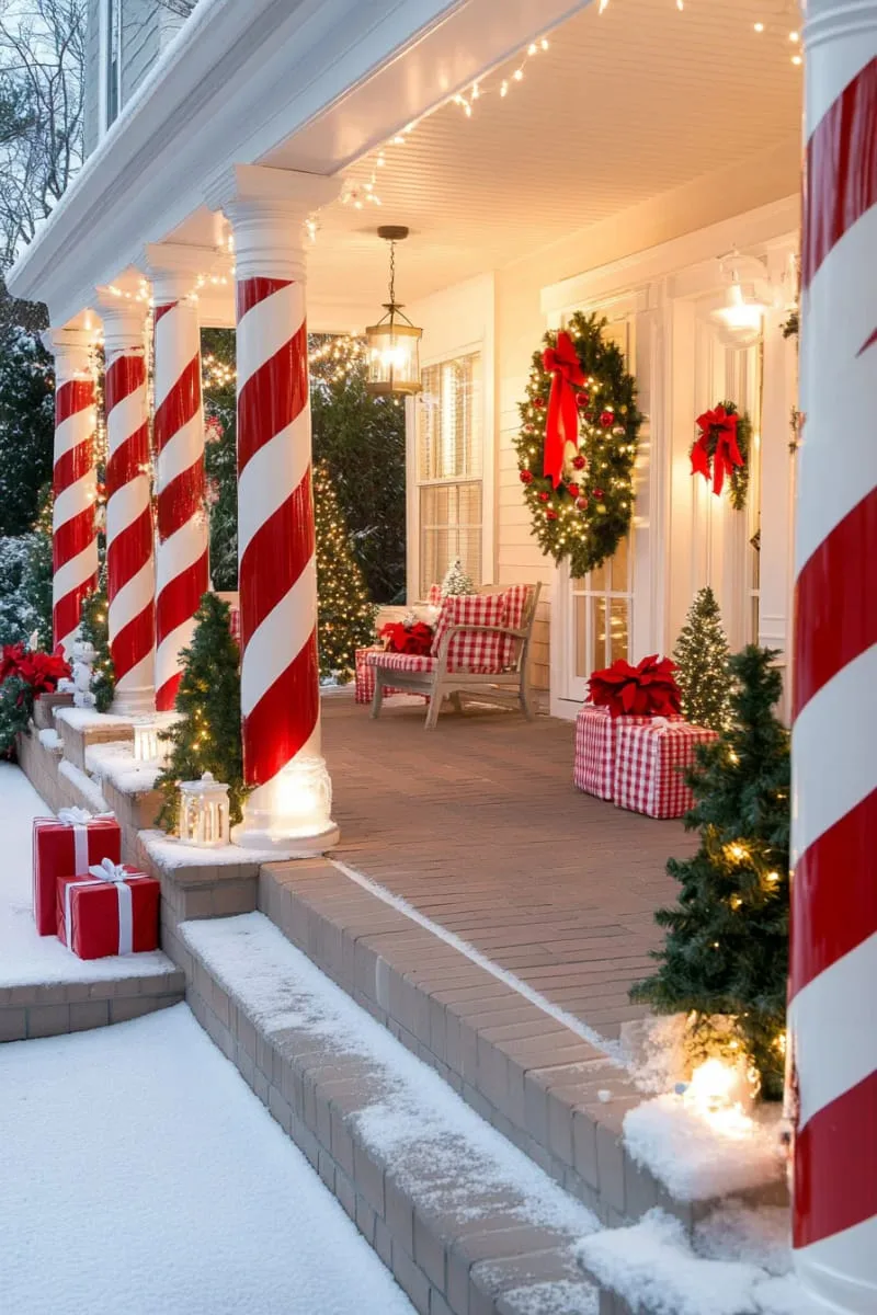 candy cane striped columns and a sprinkle of faux snow at the doorstep 1