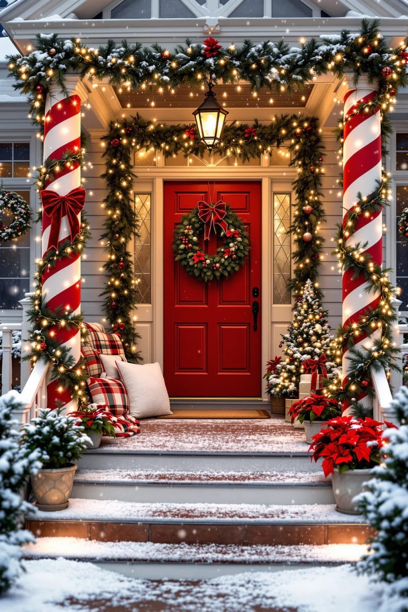 27 Beautiful Christmas Front Door Decor Ideas to Inspire 11 candy cane striped columns and a sprinkle of faux snow at the doorstep 1
