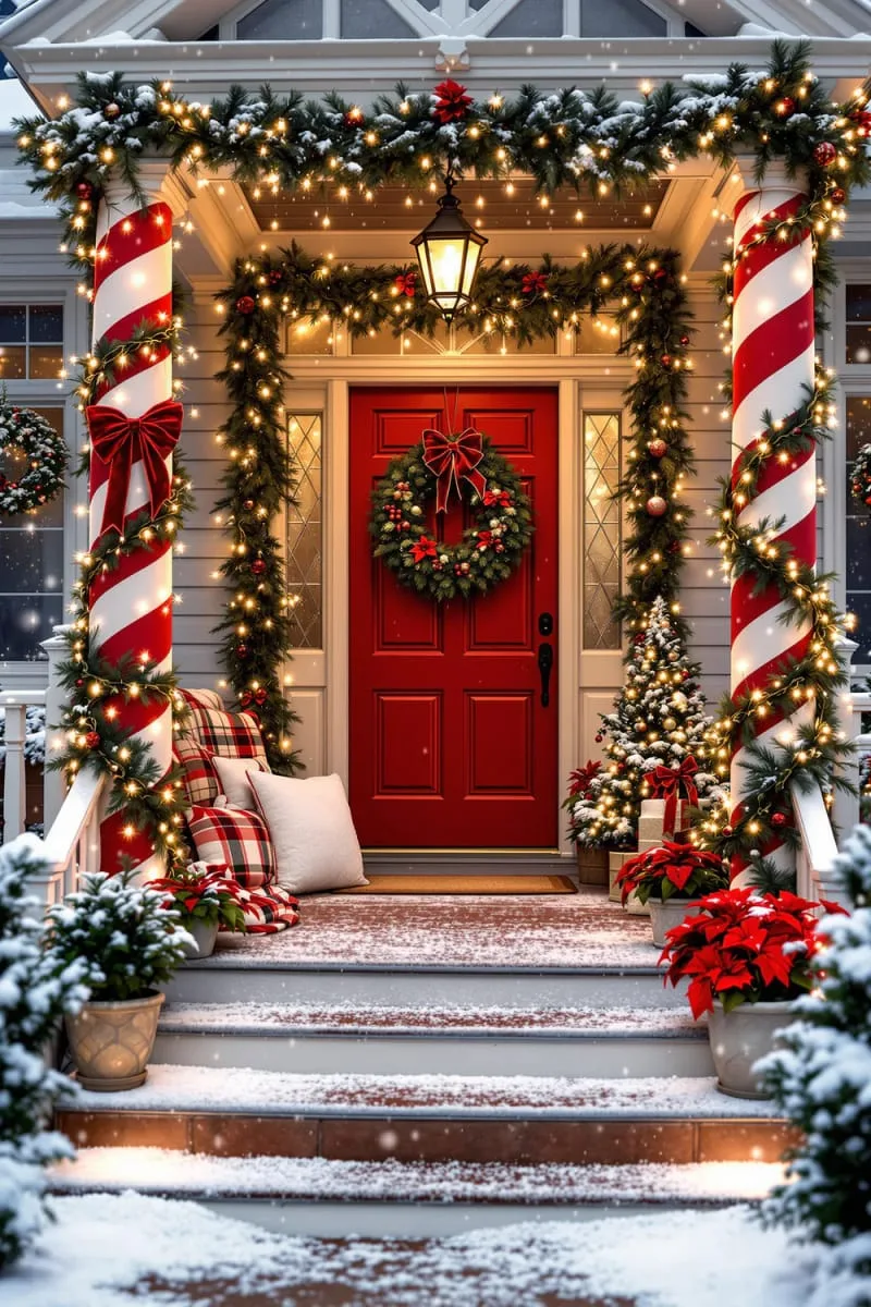 candy cane striped columns and a sprinkle of faux snow at the doorstep 1