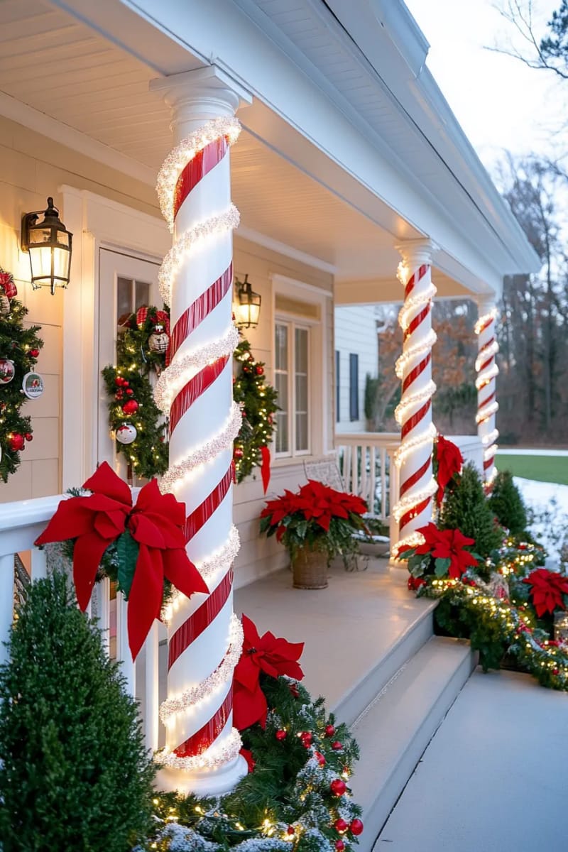 candy cane-striped columns wrapped in red and white ribbon lights. 12