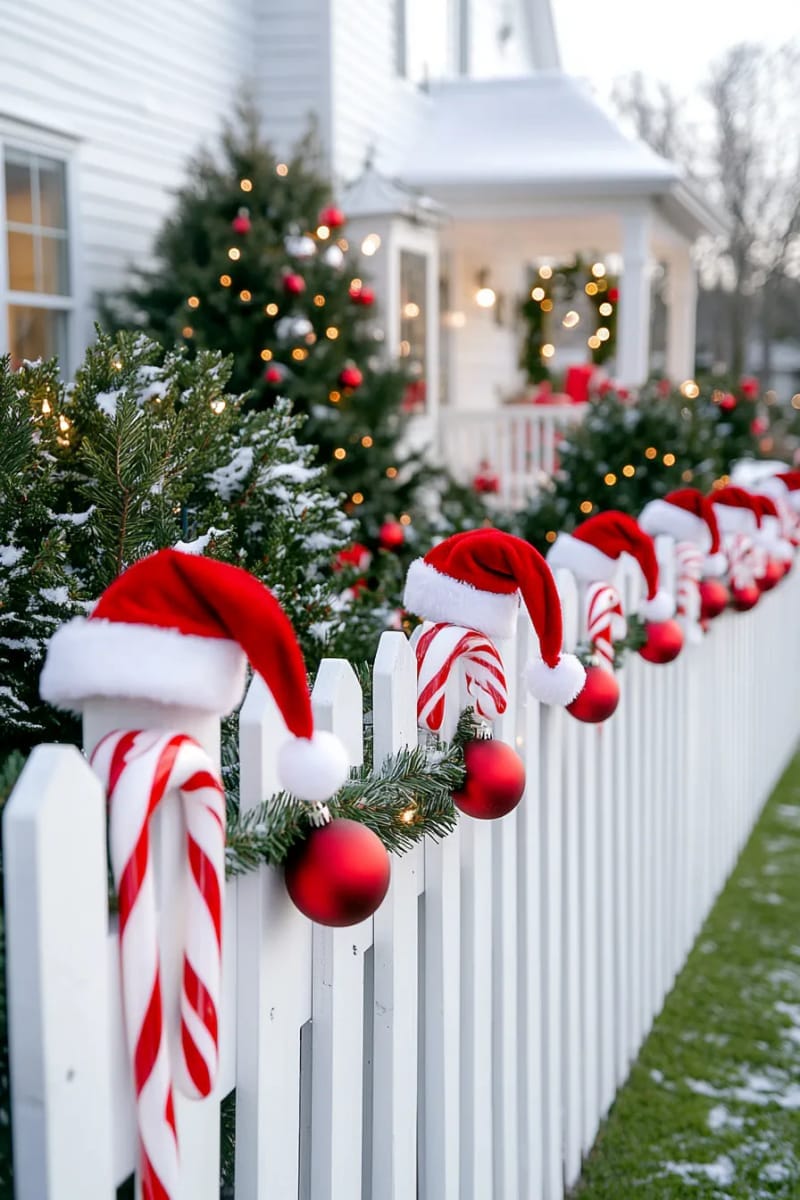 candy cane striped picket fence with miniature santa hats on each post 1