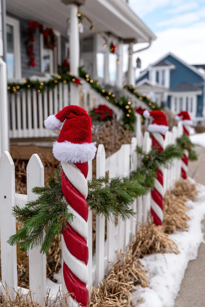 candy cane striped picket fence with miniature santa hats on each post 1