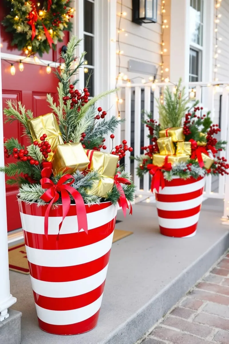 candy cane striped planters filled with gold-wrapped presents and red berry sprays 1