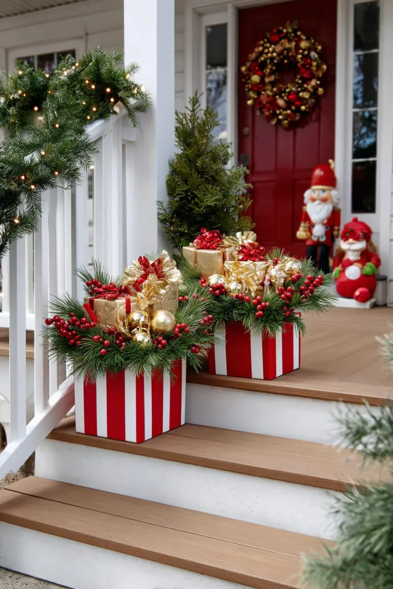 candy cane striped planters filled with gold-wrapped presents and red berry sprays 1