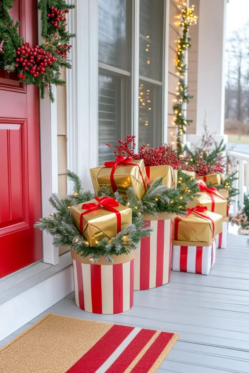candy cane striped planters filled with gold-wrapped presents and red berry sprays 1