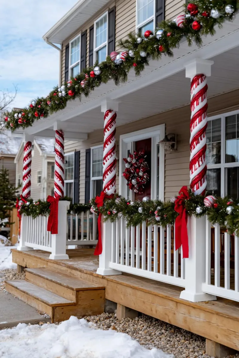 23 Exterior Christmas Decor Ideas Guests Will Remember All Season Long 60 candy-cane striped ribbon wrapped around porch columns and balcony railings 1