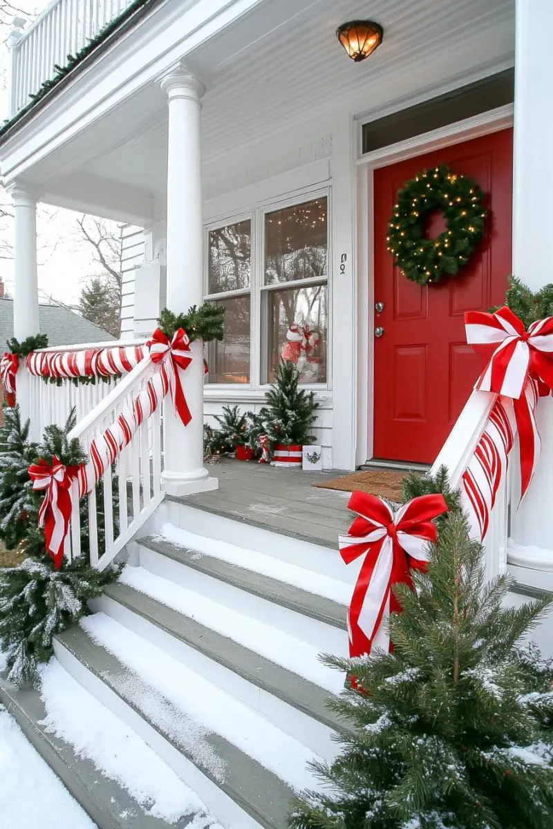 23 Exterior Christmas Decor Ideas Guests Will Remember All Season Long 61 candy-cane striped ribbon wrapped around porch columns and balcony railings 1