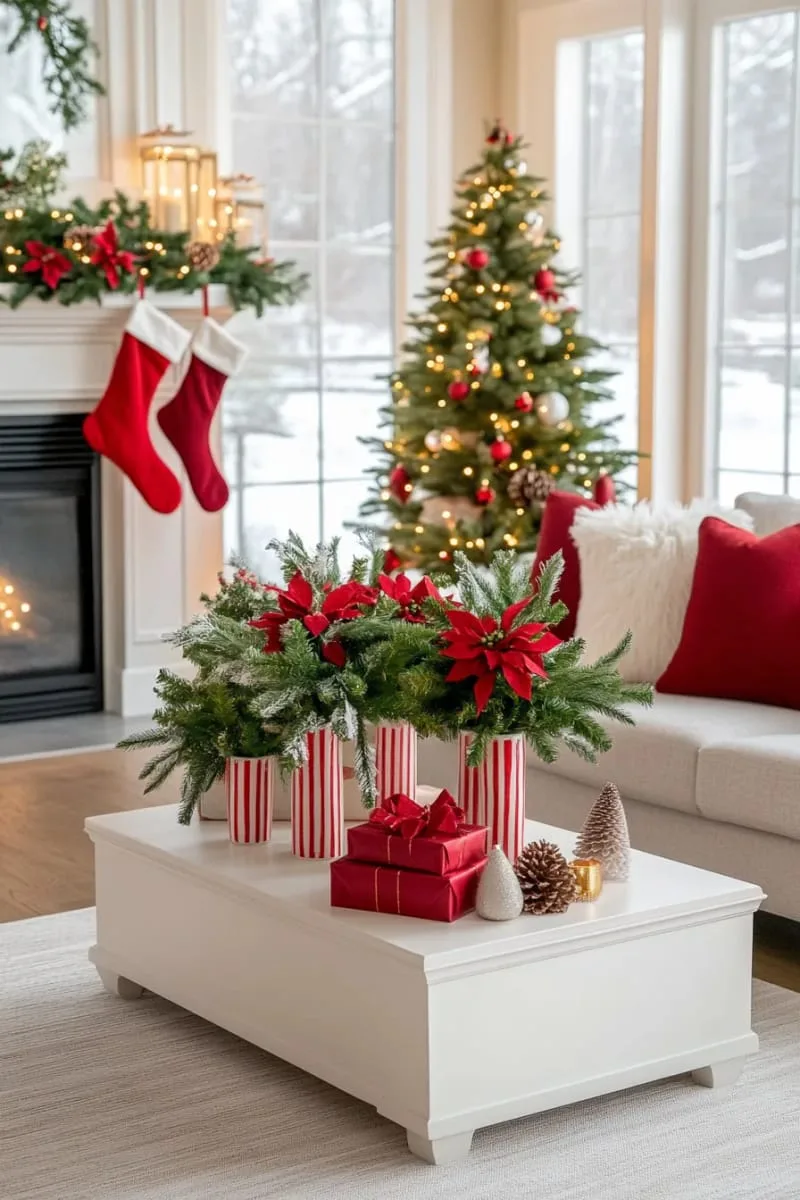 candy cane striped vases filled with fresh winter greenery 1