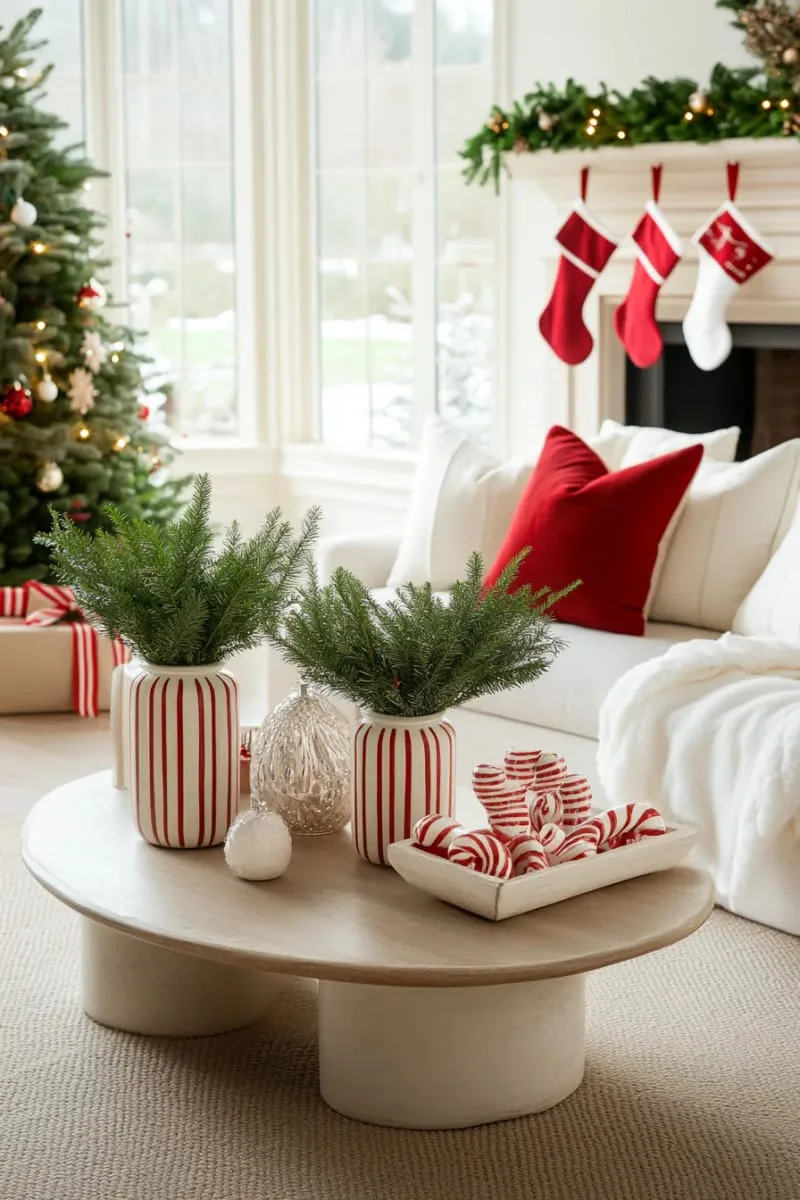 candy cane striped vases filled with fresh winter greenery 1