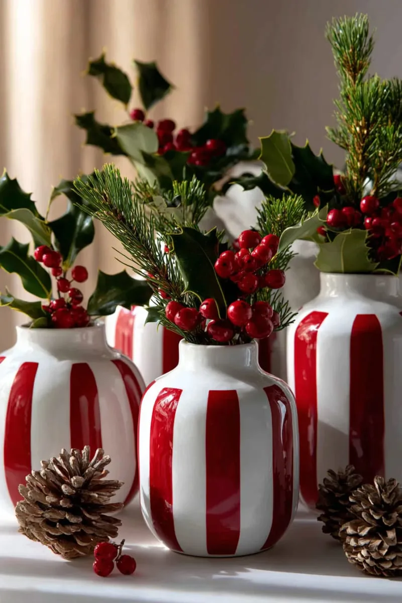 candy cane striped vases filled with fresh winter greenery 1