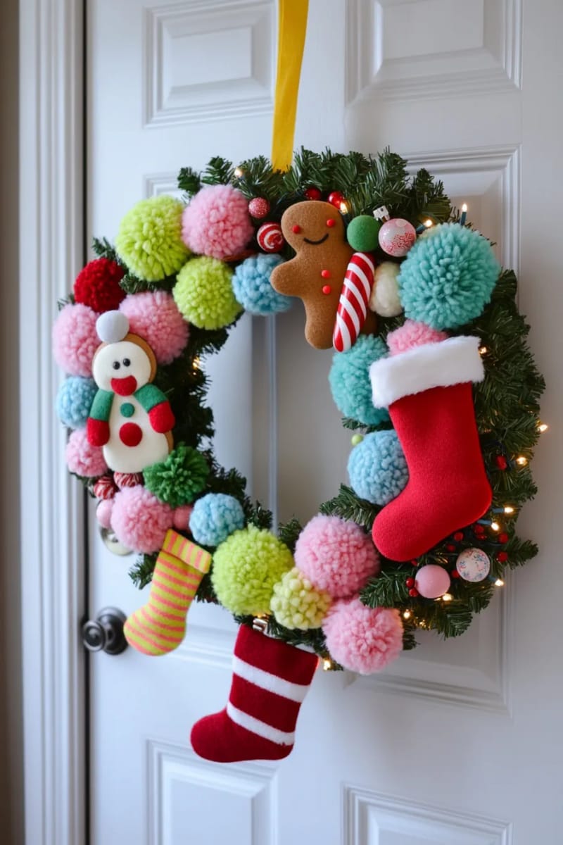 23 Kitsch Christmas Decor Ideas Full of Color, Whimsy, and Cheer 25 candy-colored pom-pom wreath with tacky felt christmas shapes 1