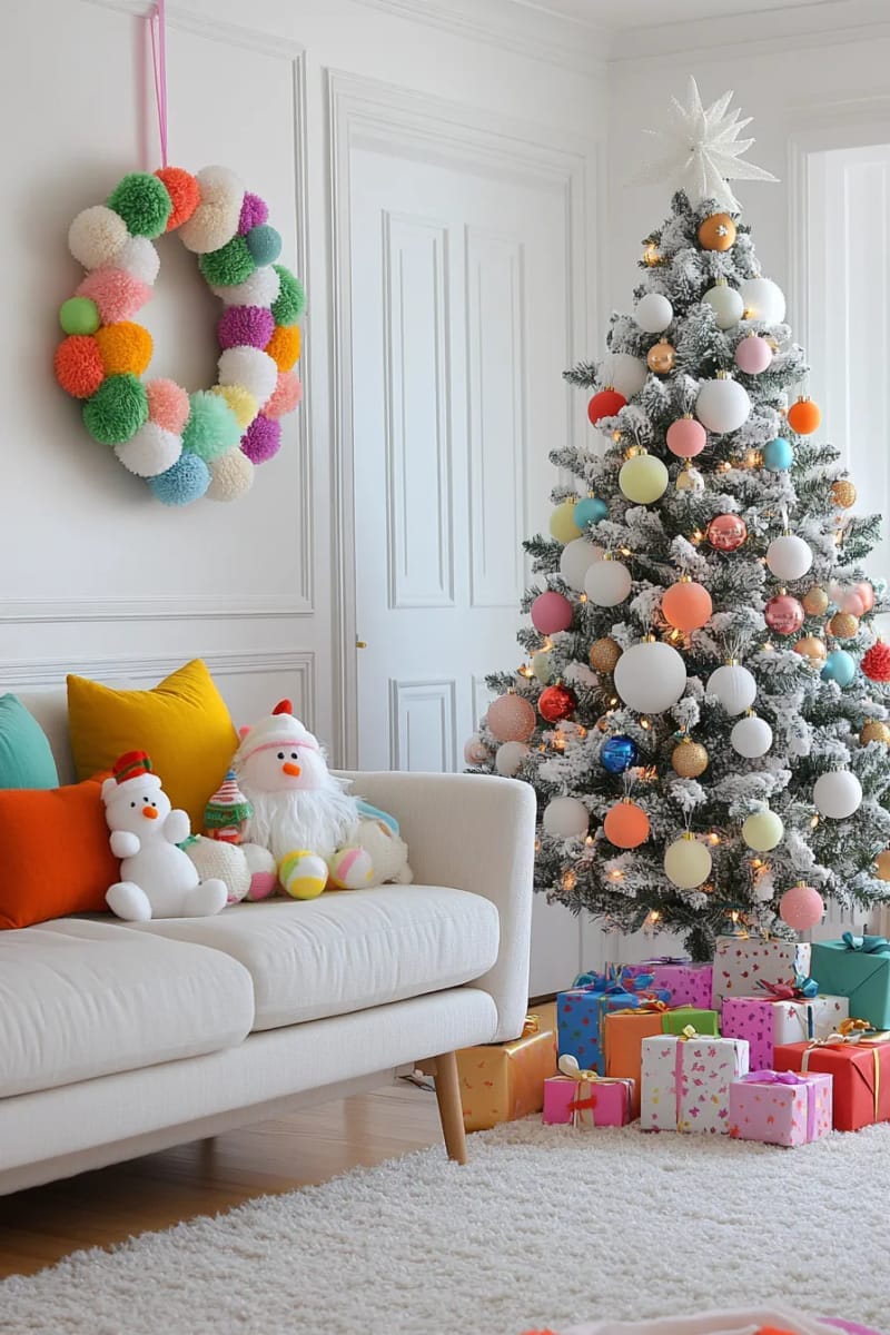 23 Kitsch Christmas Decor Ideas Full of Color, Whimsy, and Cheer 26 candy-colored pom-pom wreath with tacky felt christmas shapes 1