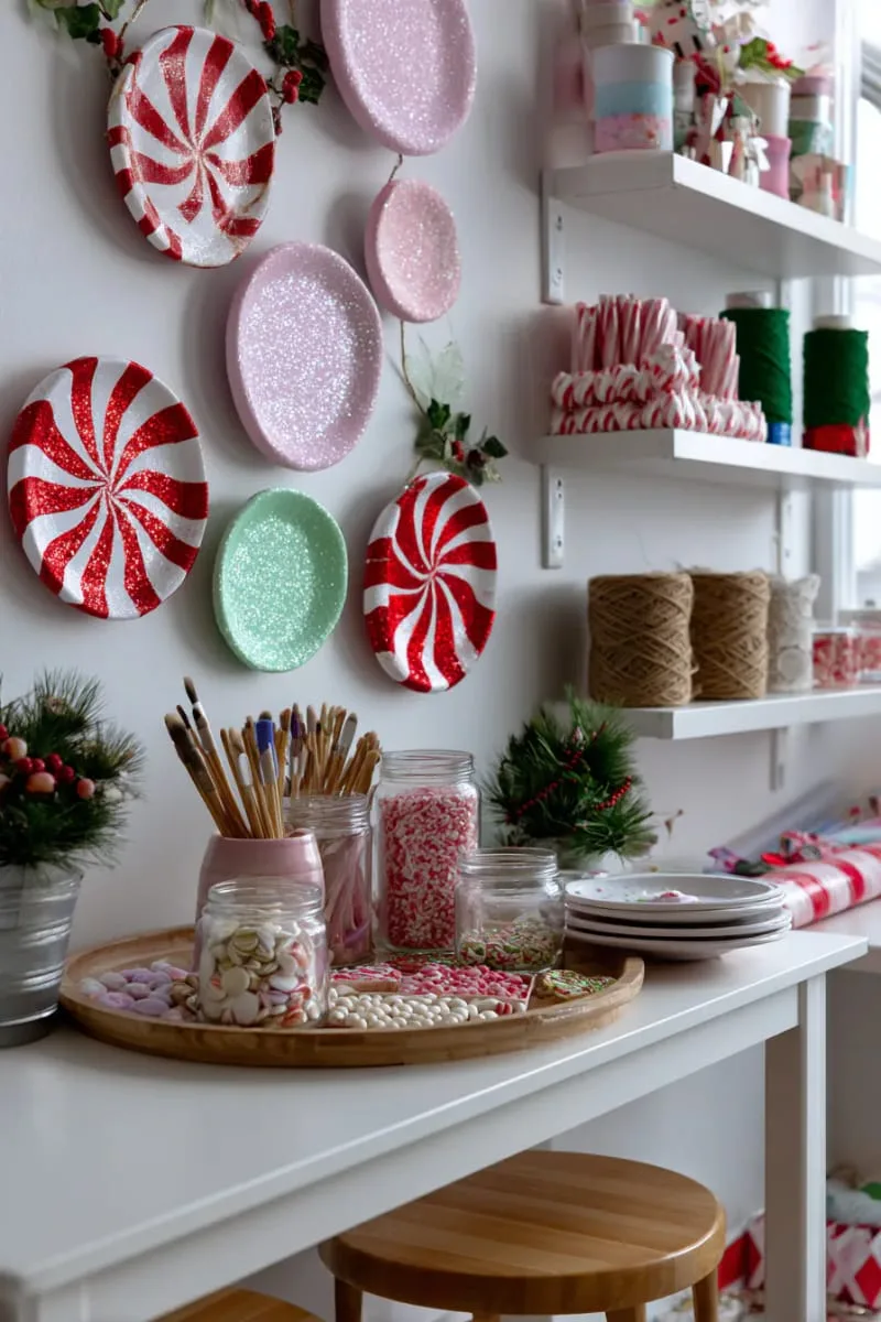 candy-themed round wall art using painted circles and glitter 1