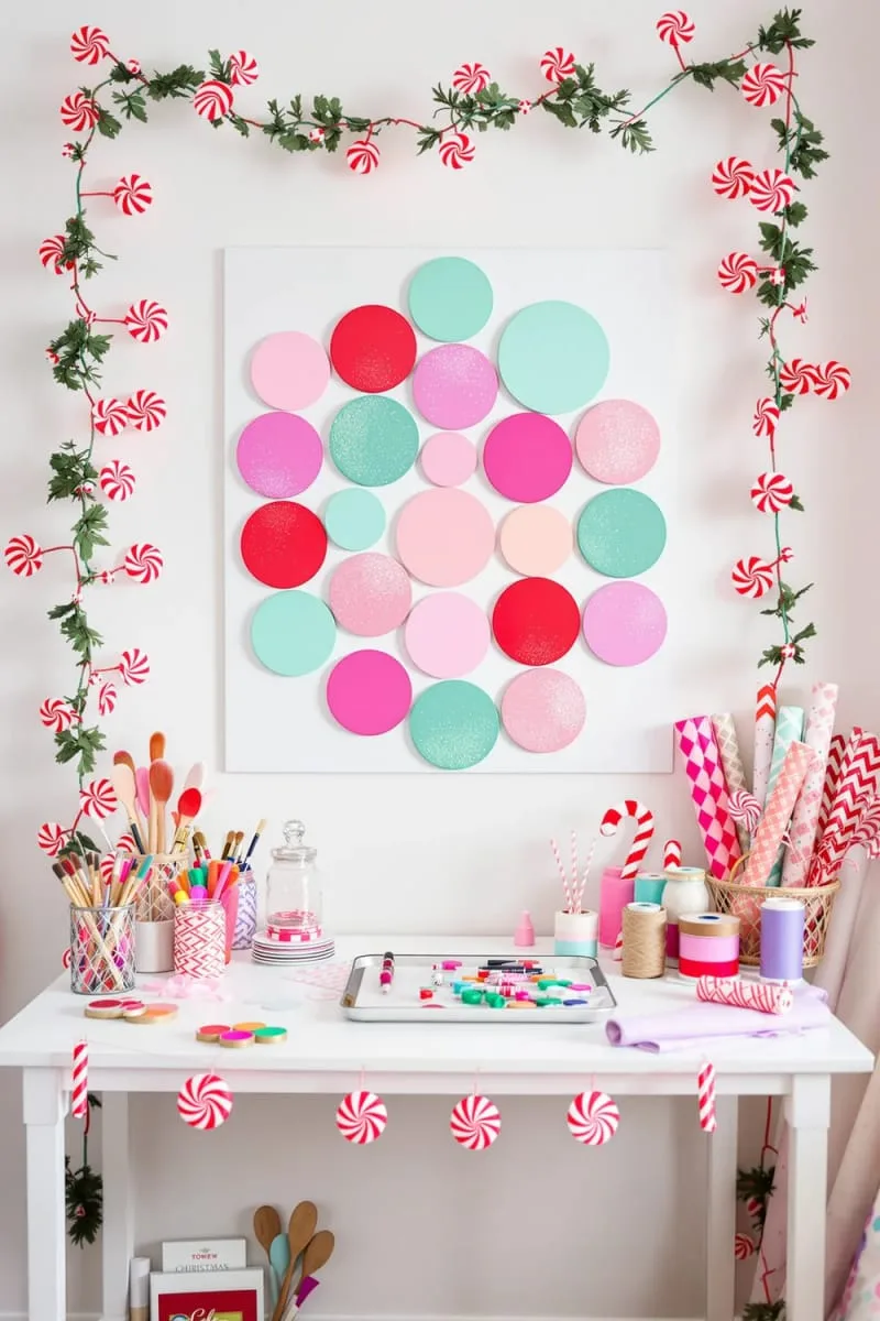 candy-themed round wall art using painted circles and glitter 1