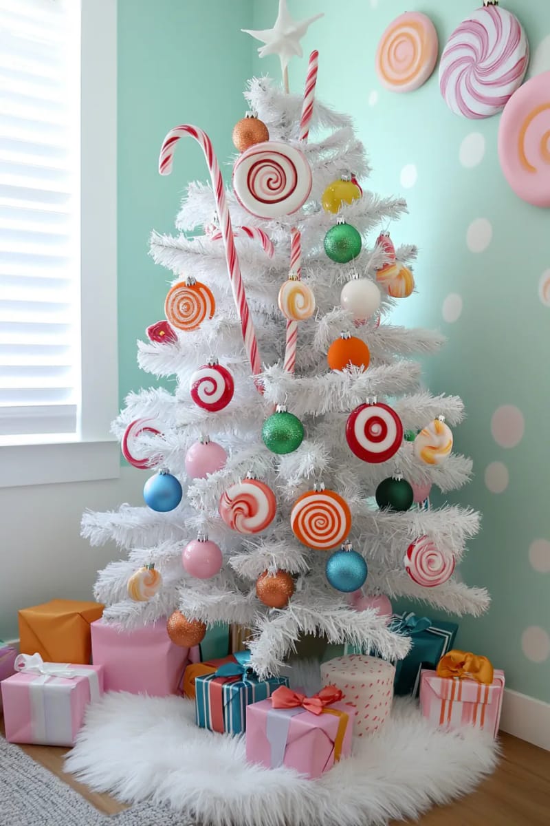23 Kids Christmas Tree Ideas Full of Color, Whimsy, and Holiday Cheer 8 candyland themed tree with faux sweets and giant lollipops for playful vibes 1
