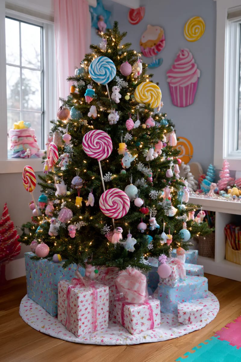23 Kids Christmas Tree Ideas Full of Color, Whimsy, and Holiday Cheer 9 candyland themed tree with faux sweets and giant lollipops for playful vibes 1