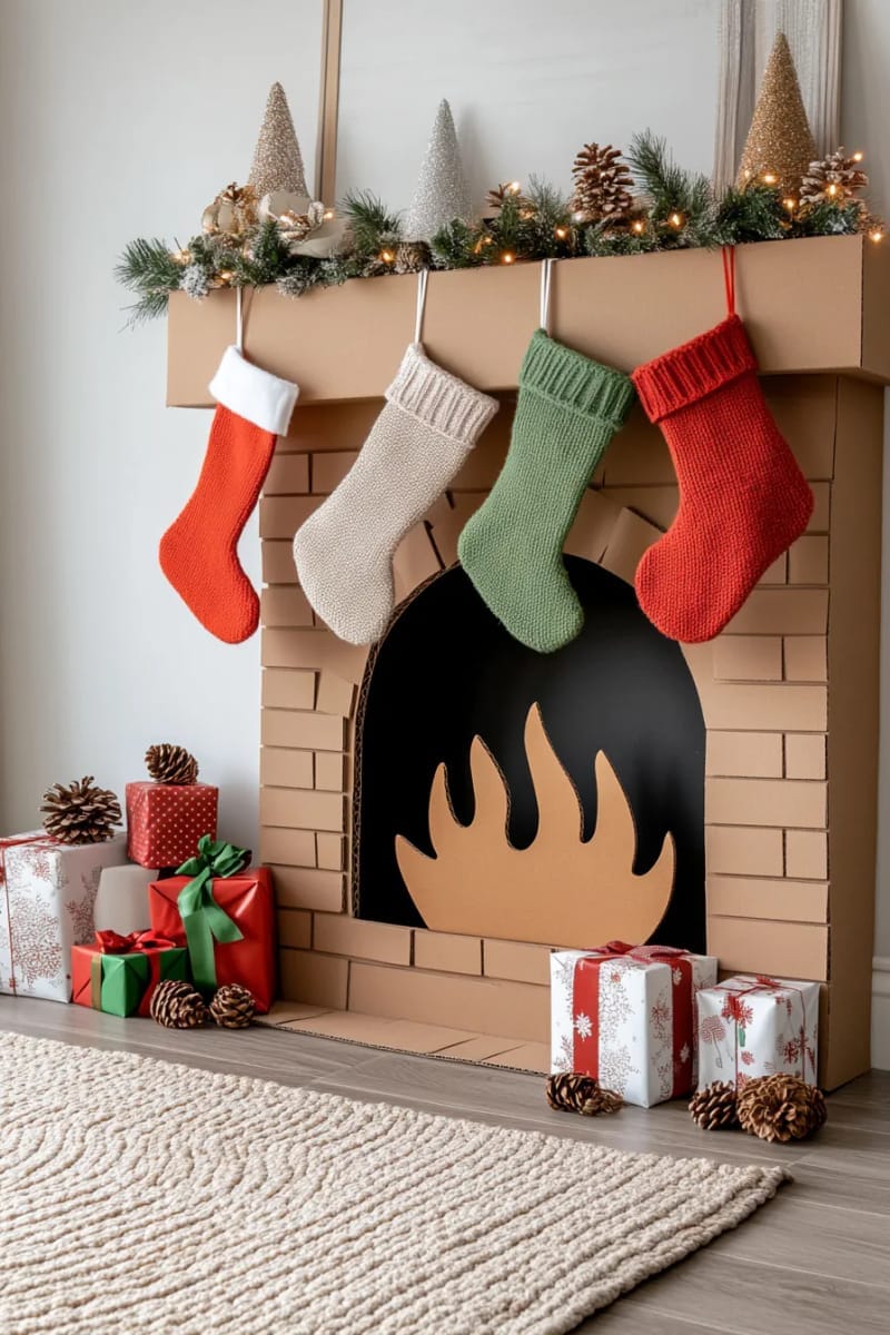 27 Unique Christmas Craft Decorations for Inspired Homes 107 cardboard fireplace scene with hanging stockings for cozy room decor 1