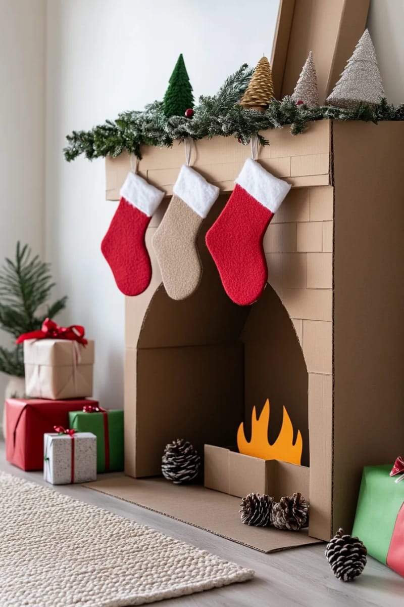 27 Unique Christmas Craft Decorations for Inspired Homes 108 cardboard fireplace scene with hanging stockings for cozy room decor 1