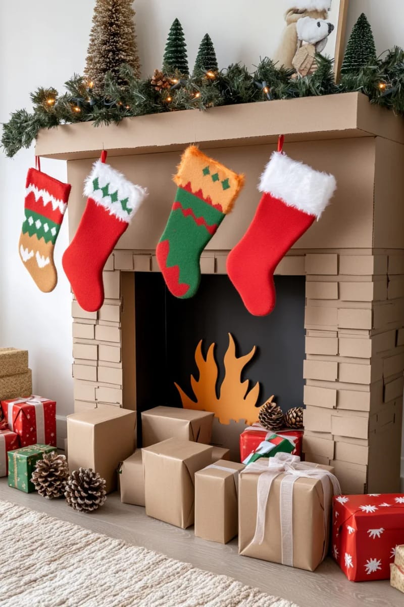 27 Unique Christmas Craft Decorations for Inspired Homes 109 cardboard fireplace scene with hanging stockings for cozy room decor 1
