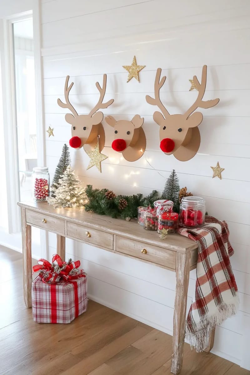 27 Unique Christmas Craft Decorations for Inspired Homes 24 cardboard reindeer heads with googly eyes for whimsical wall decor 1