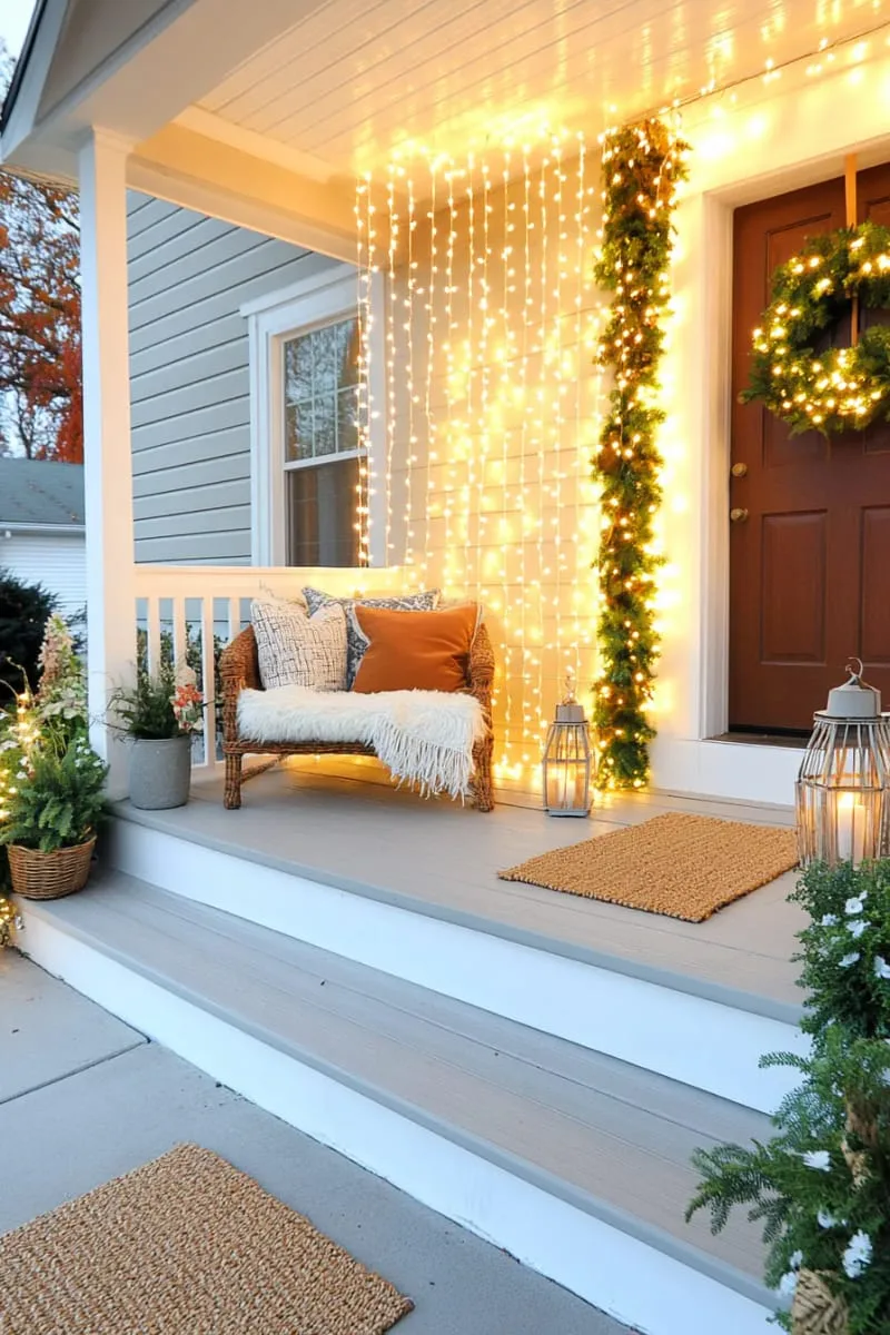 23 Exterior Christmas Decor Ideas Guests Will Remember All Season Long 92 cascading curtain of fairy lights behind porch railing for a starry night effect 1
