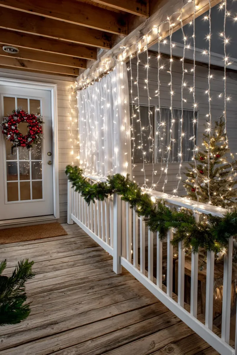 23 Exterior Christmas Decor Ideas Guests Will Remember All Season Long 93 cascading curtain of fairy lights behind porch railing for a starry night effect 1