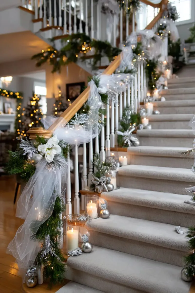 25 New Gorgeous White Christmas Decor Ideas That Wow 20 cascading white tulle and ribbon garlands for a dreamy staircase 1