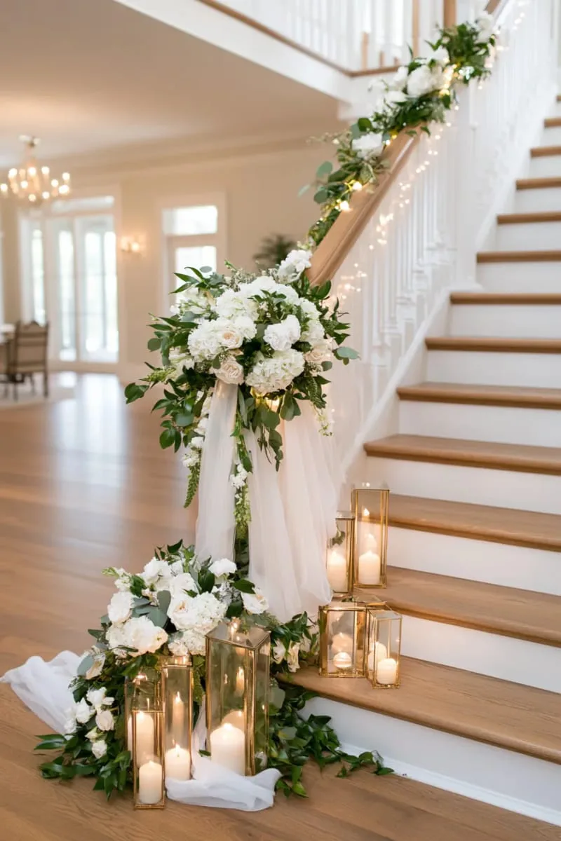 25 New Gorgeous White Christmas Decor Ideas That Wow 21 cascading white tulle and ribbon garlands for a dreamy staircase 1