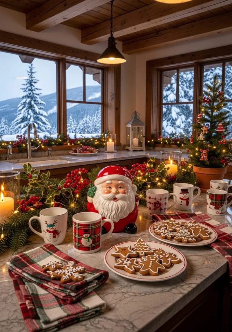 23 Christmas Countertop Decor Ideas Guests Can’t Stop Talking About 78 ceramic santa cookie jar paired with vintage holiday mugs 1
