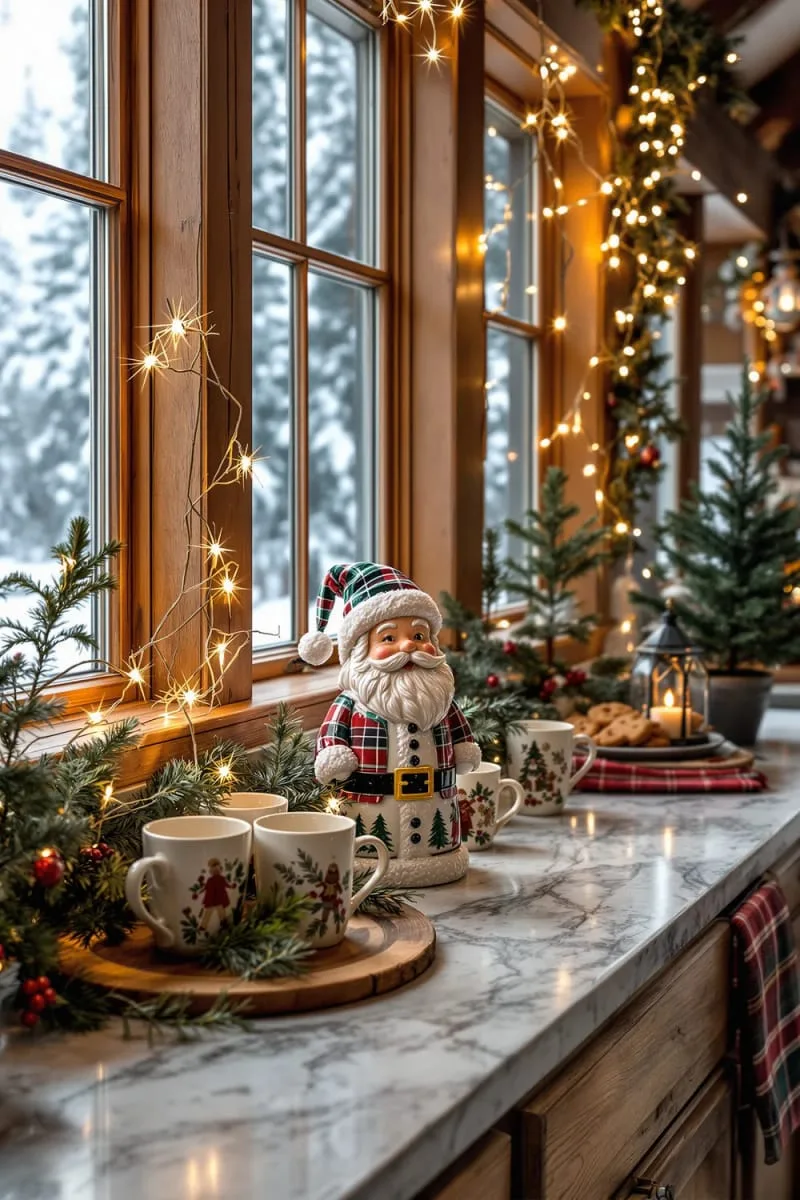 23 Christmas Countertop Decor Ideas Guests Can’t Stop Talking About 79 ceramic santa cookie jar paired with vintage holiday mugs 1