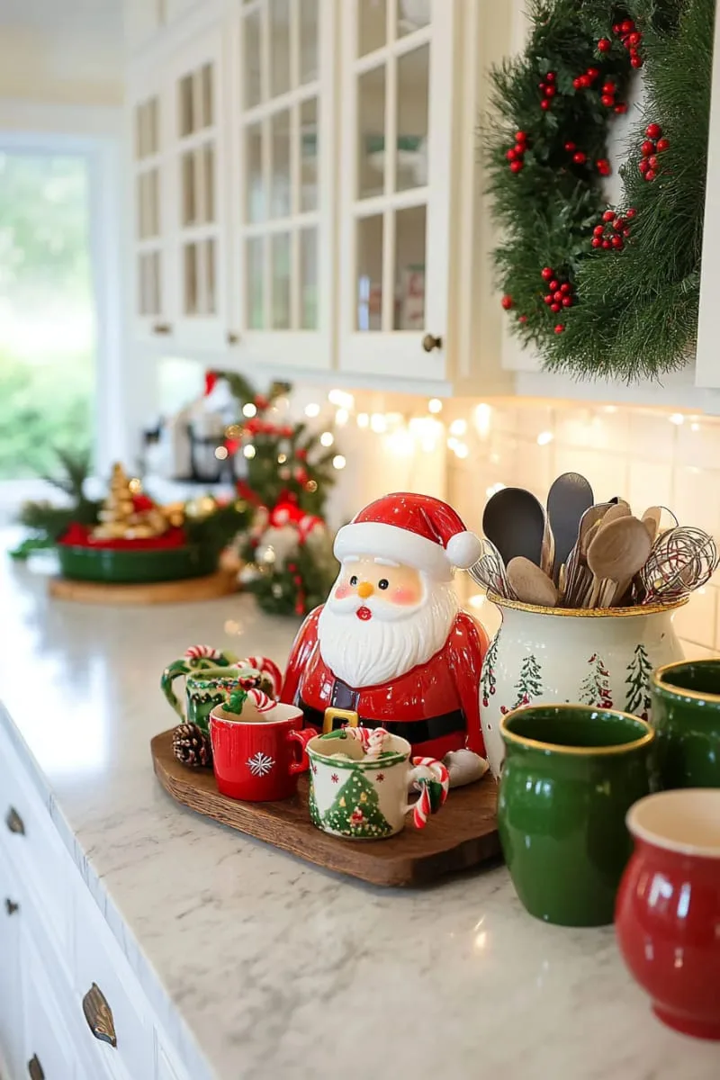 23 Christmas Countertop Decor Ideas Guests Can’t Stop Talking About 82 ceramic santa cookie jar paired with vintage holiday mugs 1