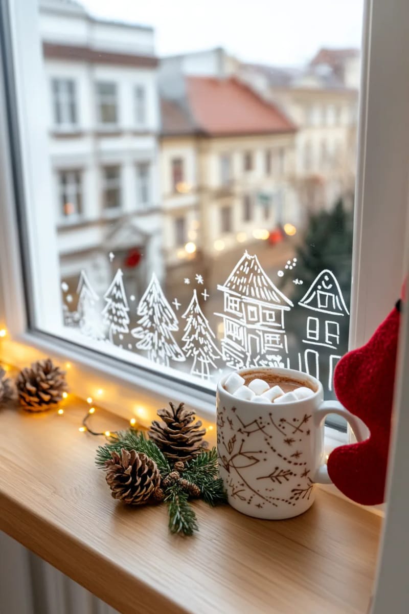 25 Best Christmas Window Decor Ideas to Try This Year 25 chalk marker doodles of festive houses and stars on the windowpane. 1