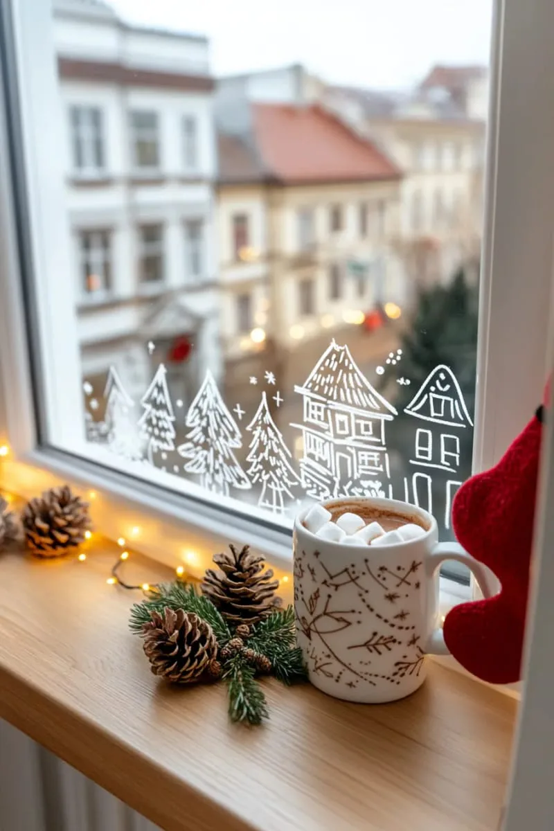 25 Best Christmas Window Decor Ideas to Try This Year 45 chalk marker doodles of festive houses and stars on the windowpane. 1