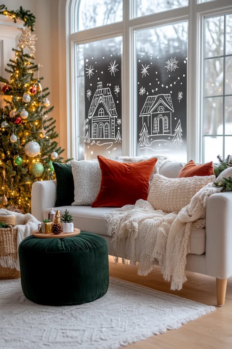 25 Best Christmas Window Decor Ideas to Try This Year 26 chalk marker doodles of festive houses and stars on the windowpane. 1