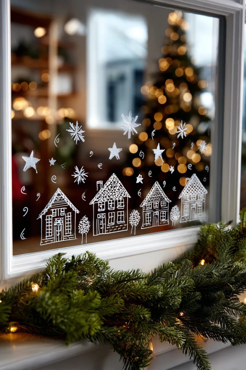 25 Best Christmas Window Decor Ideas to Try This Year 27 chalk marker doodles of festive houses and stars on the windowpane. 1