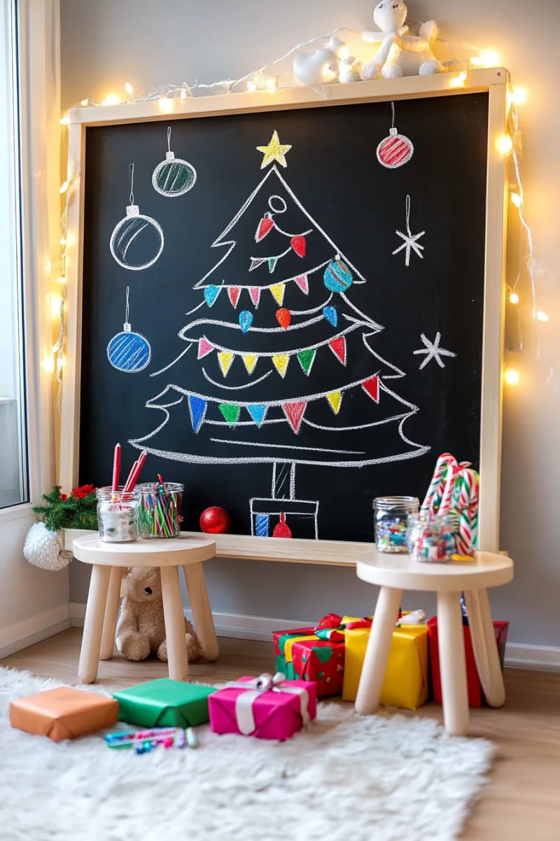 23 Kids Christmas Tree Ideas Full of Color, Whimsy, and Holiday Cheer 25 chalkboard wall tree for doodling new decorations each day 1