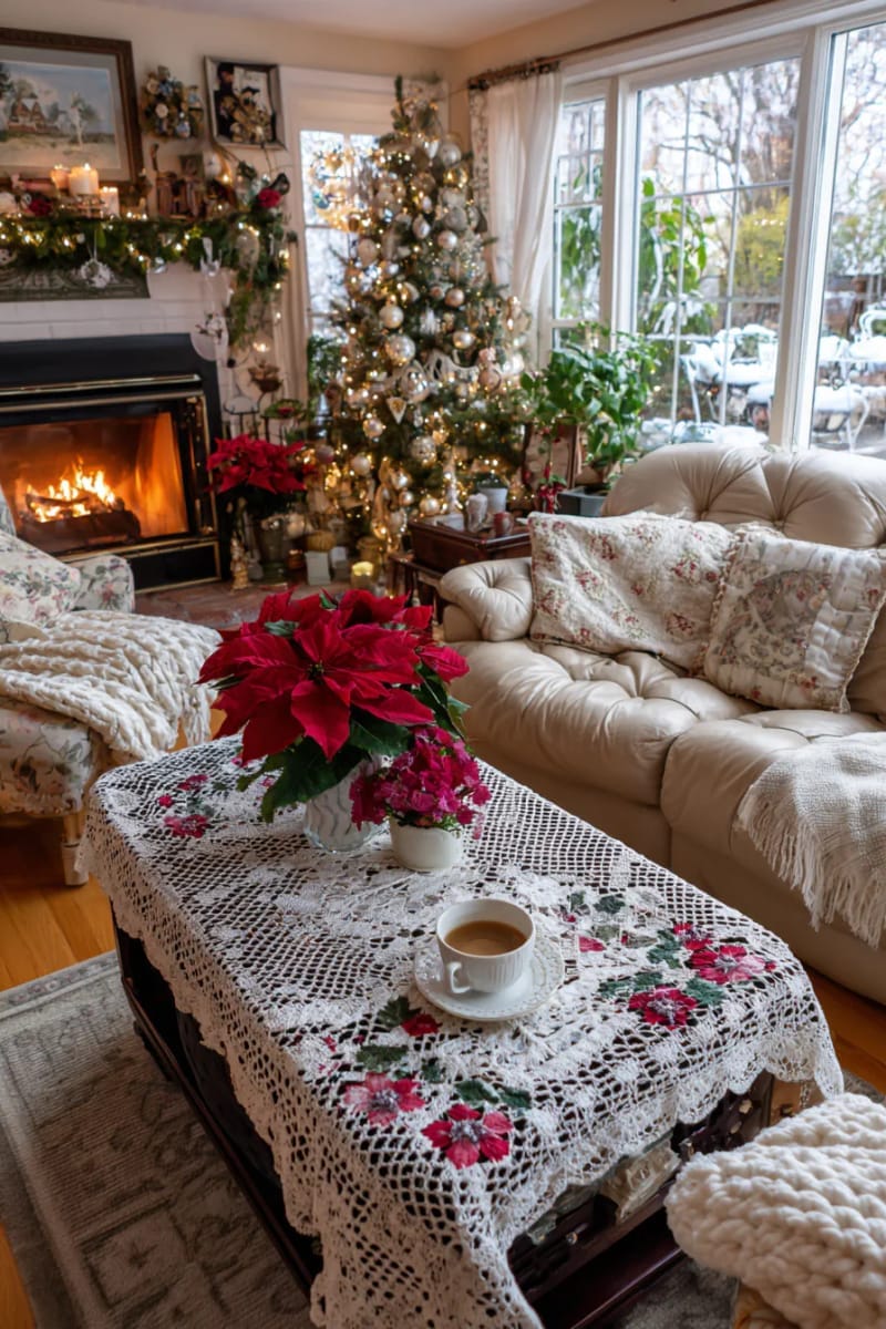 27 Vintage Christmas Decorations You'll Love 33 charming embroidered linens and doilies featuring holly and poinsettia motifs 1