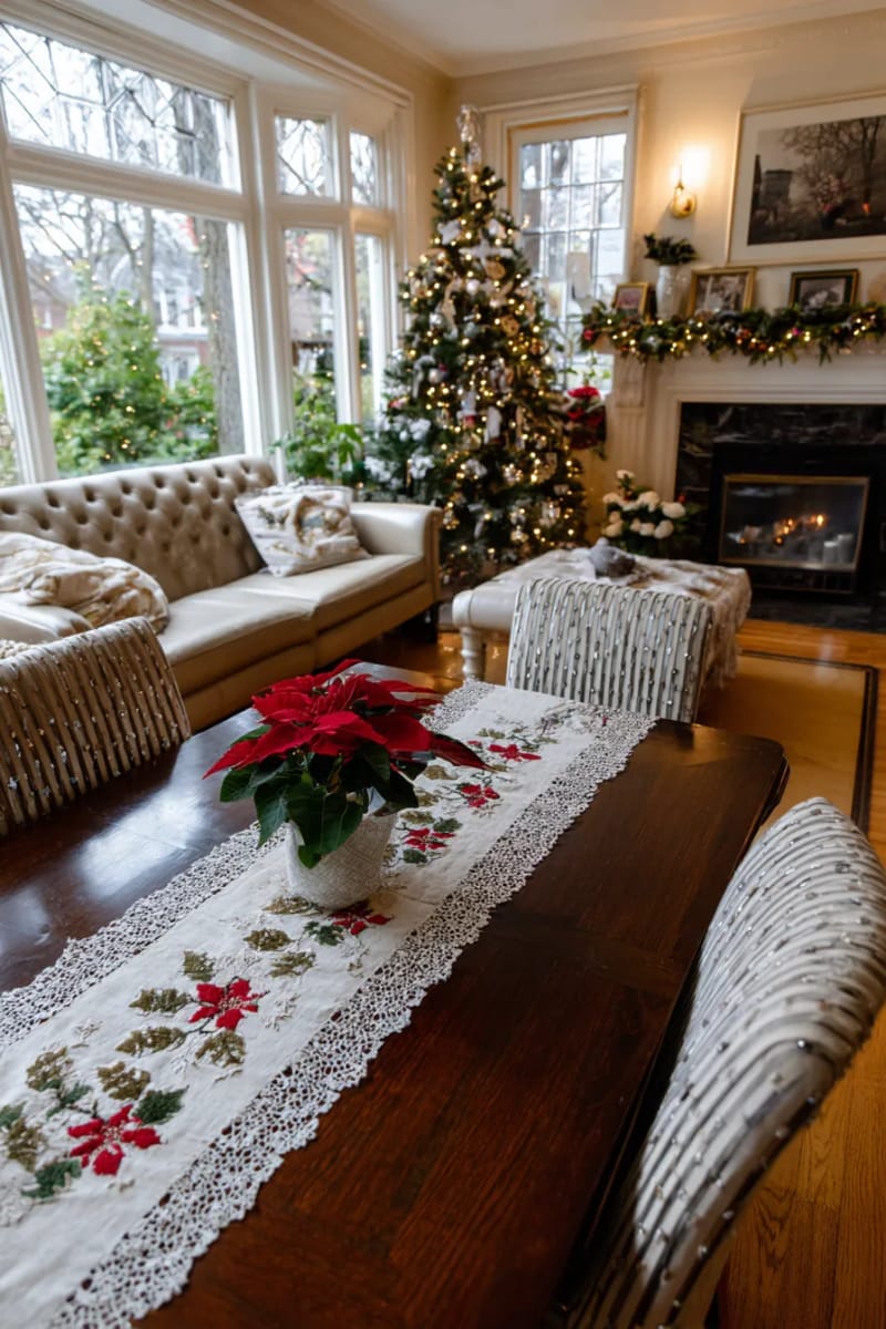 27 Vintage Christmas Decorations You'll Love 34 charming embroidered linens and doilies featuring holly and poinsettia motifs 1