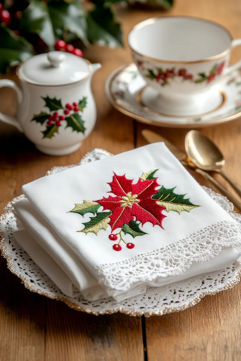 27 Vintage Christmas Decorations You'll Love 35 charming embroidered linens and doilies featuring holly and poinsettia motifs 1