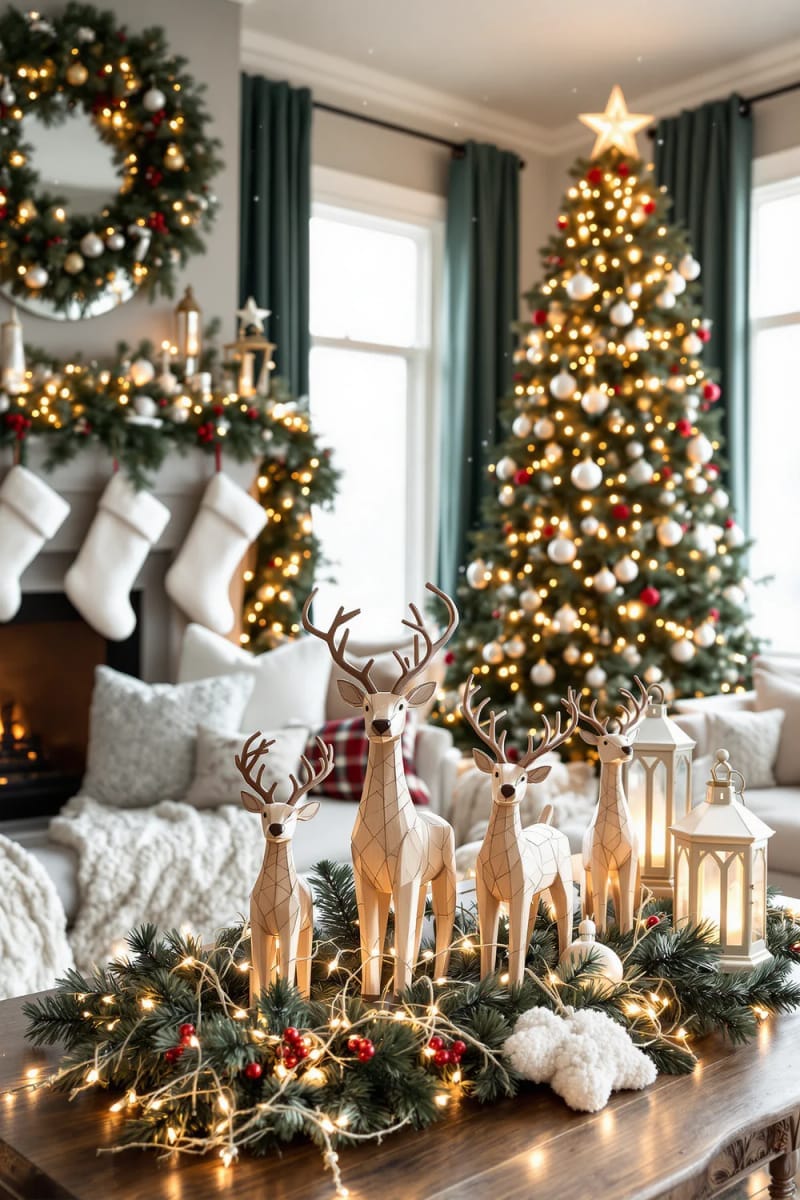 charming wooden reindeer figurines surrounded by twinkle lights 1