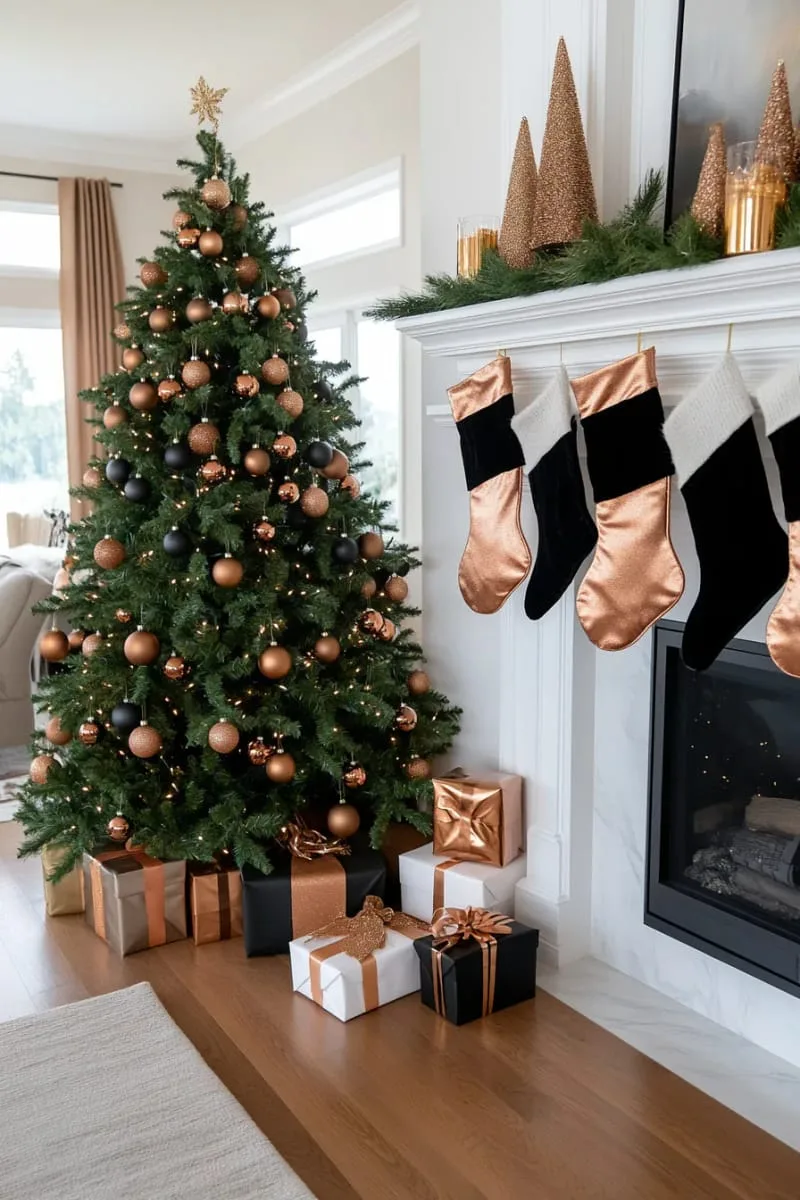 chic black ornaments mixed with copper and bronze on a classic pine 1