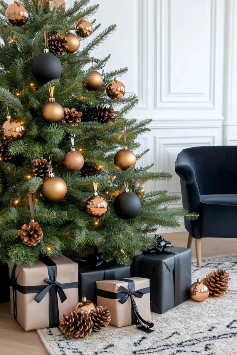 chic black ornaments mixed with copper and bronze on a classic pine 1