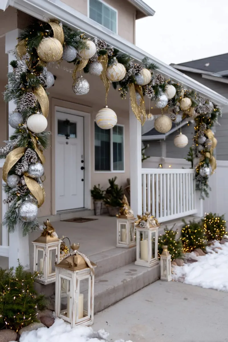 23 Exterior Christmas Decor Ideas Guests Will Remember All Season Long 44 chic neutral palette: cream, gold, and silver outdoor ornaments and garlands 1