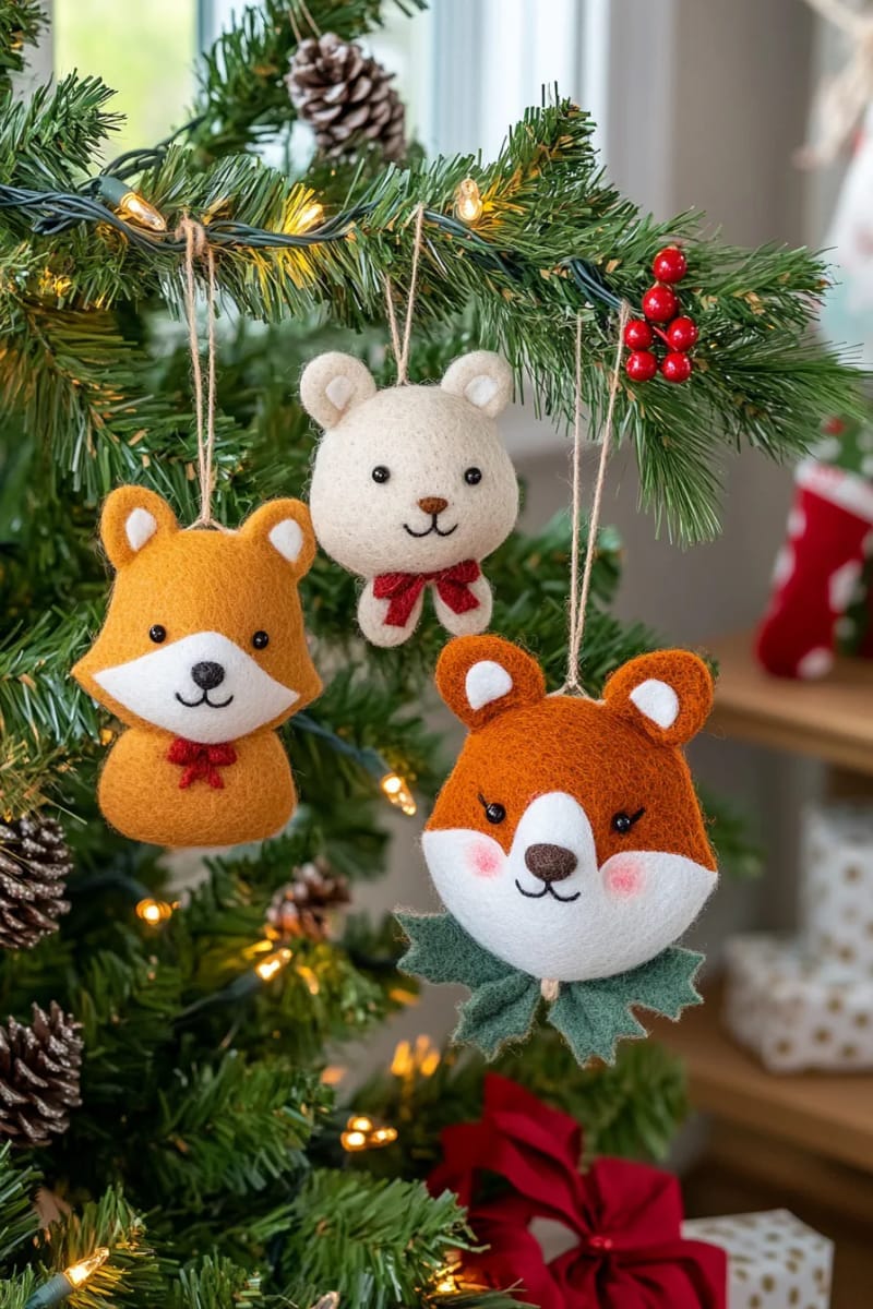 christmas animal face ornaments—fox, bear, and bunny with felt details 1