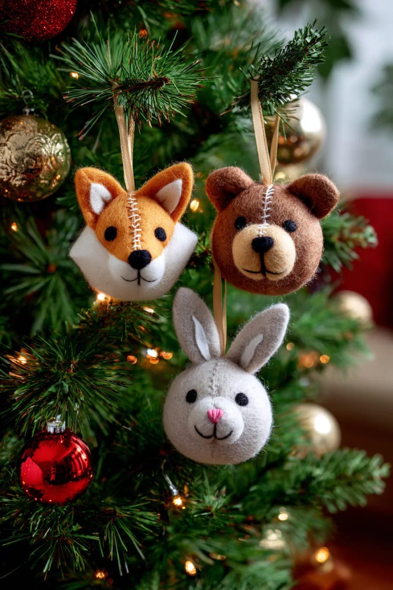 christmas animal face ornaments—fox, bear, and bunny with felt details 1