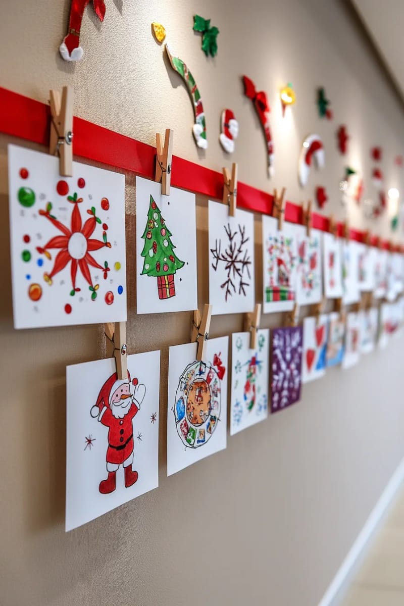 christmas card display using red ribbon and mini clothespins on wall 1